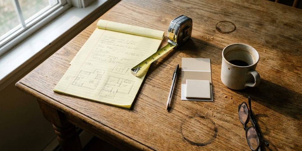 A homeowner's notepad, tape measure and tile samples on a kitchen table