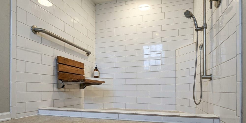 A grab bar, fold-down seat and low threshold in a walk-in shower